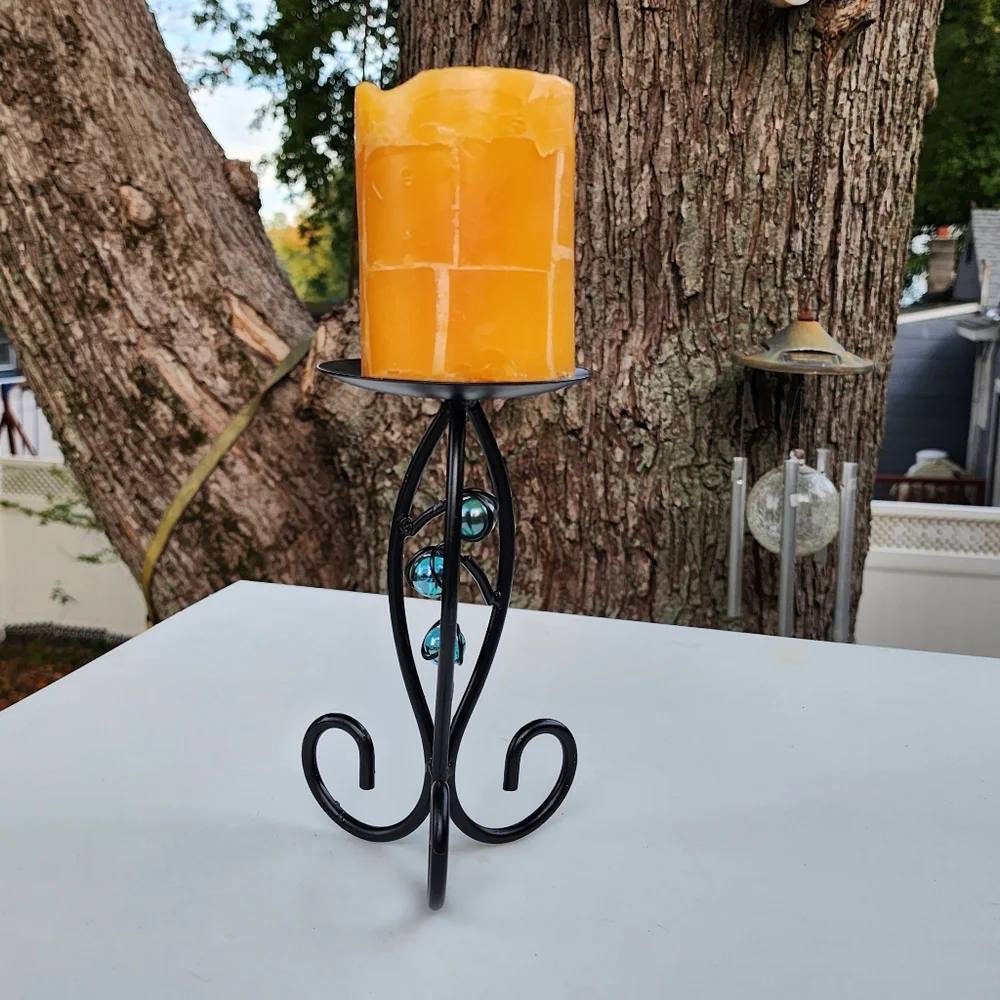 Pillar Wrought Iron Candle Holder‎ With Blue Crystals